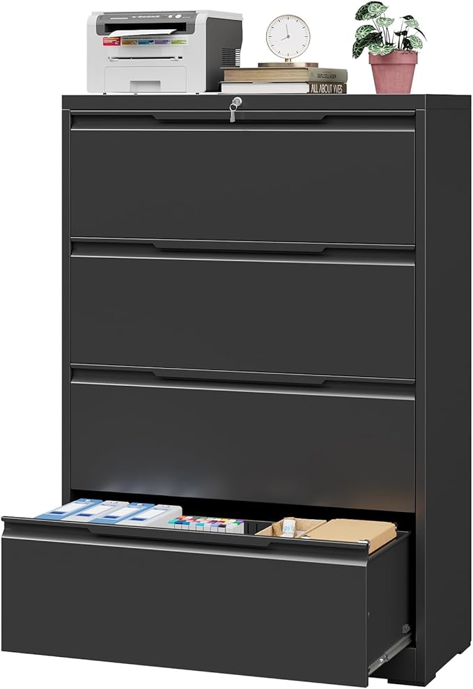 4 Drawer Lateral File Cabinet with Lock, Heavy-Duty Metal Vertical Filing Cabinet for Office, Steel Storage Compatible with Hanging Files Letter/Legal/F4/A4 Sizes (4 Drawer, Black)
