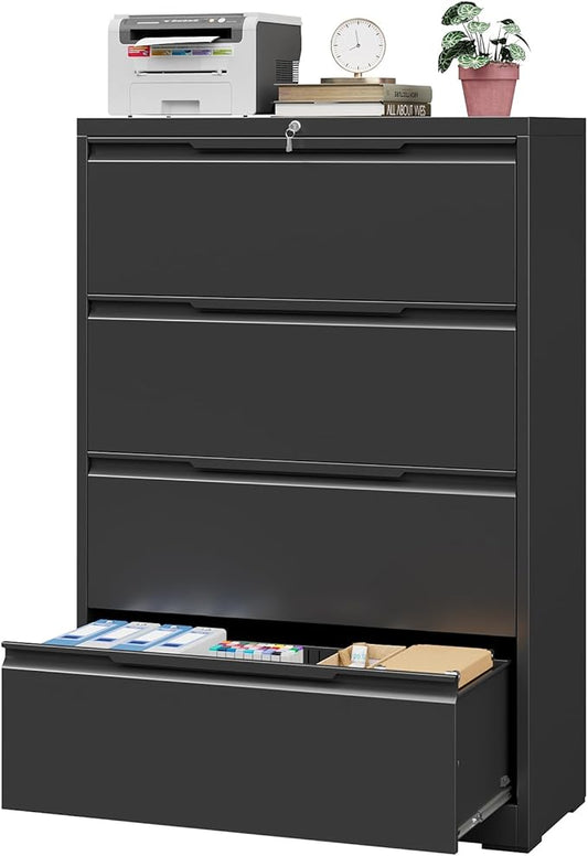 4 Drawer Lateral File Cabinet with Lock, Heavy-Duty Metal Vertical Filing Cabinet for Office, Steel Storage Compatible with Hanging Files Letter/Legal/F4/A4 Sizes (4 Drawer, Black)