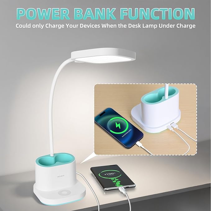 LED Desk Lamp for Home Office Bedroom, 3 Color Modes Dimmable Reading Light with USB Charging Port, Rechargeable Study Lamp for Kids Student with Pen Holder, Table Light 360°Adjustable Arm