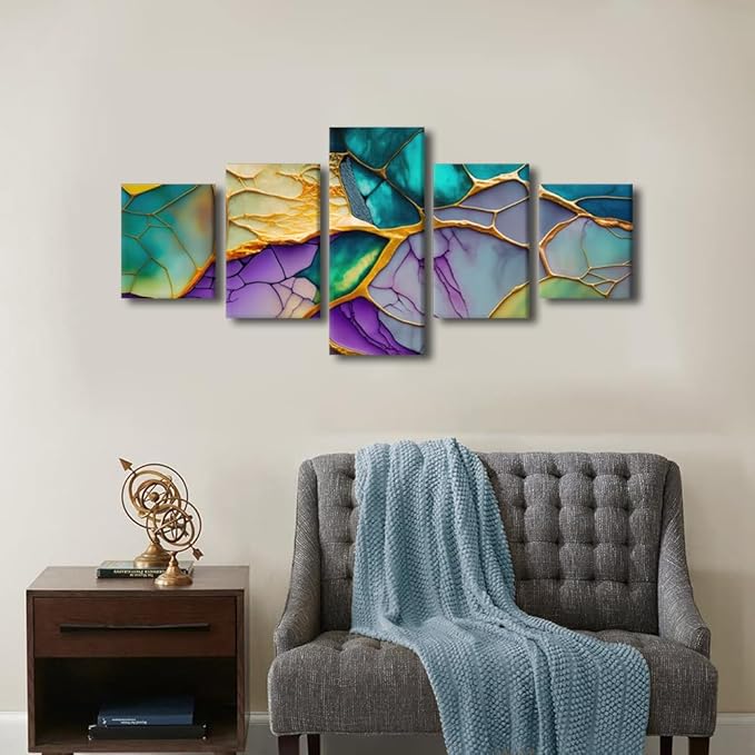 Canvas Wall Art Abstract Canvas Wall Decor Modern Native Americans Home Wall Art 5 Panel Multi Color Marble Art Poster for Men Lady Living Room Decor Stretched and Framed Ready to Hang 50x24 in