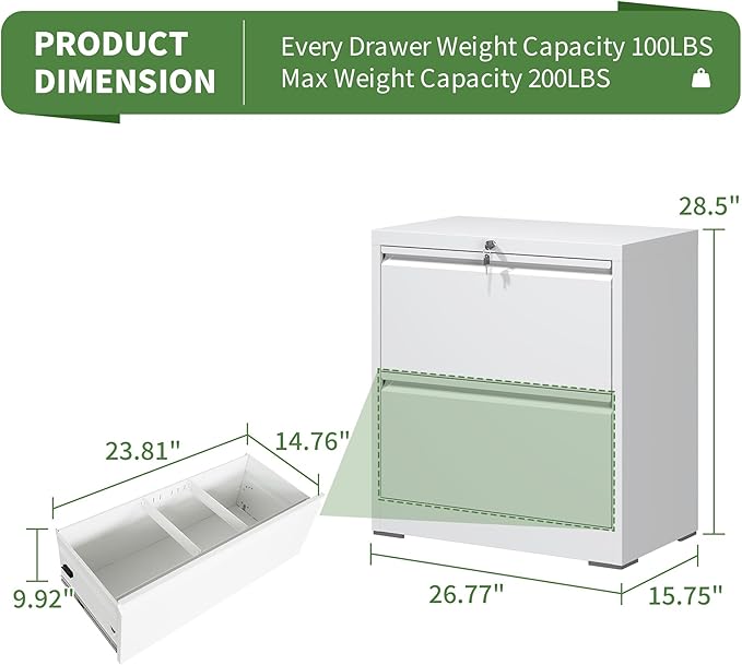 2 Drawer File Cabinet,Metal Lateral Filing Cabinet with Lock,Home Office Storage Organizer Cabinet for Legal/Letter/A4/F4 Size Files,26.8" W,White