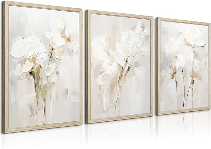 Neutral Wall Art Abstract Floral Canvas Pictures Beige Flower Wall Decor Modern Painting Minimalist Poster Abstract Botanical Prints White Artwork for Bedroom Living Room 12x16x3 Inch Wood Framed