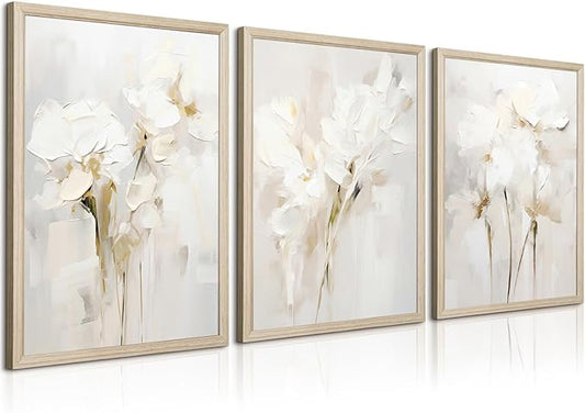 Neutral Wall Art Abstract Floral Canvas Pictures Beige Flower Wall Decor Modern Painting Minimalist Poster Abstract Botanical Prints White Artwork for Bedroom Living Room 12x16x3 Inch Wood Framed