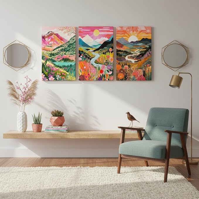 3Pcs Colorful Watercolor Mountain Canvas Wall Art Boho Floral Painting Picture Wall Decor Abstract Nature Landscape Poster Print Artwork for Living Room Bedroom Bathroom Office Home Decoration 12x16in