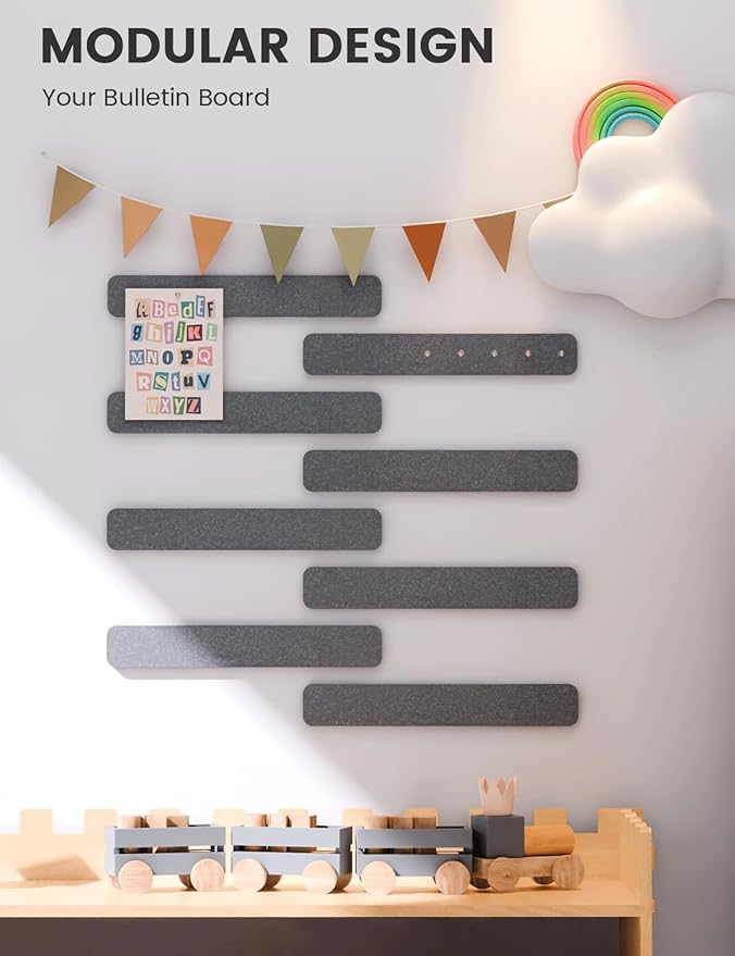 Fluxynara Cork Board Alternative Felt Strip Board 8-Pack 13"x2", Office Pin Board with 50 Push Pins, Adhesive Install for Bedroom Door & Home Office(Charcoal Gray)
