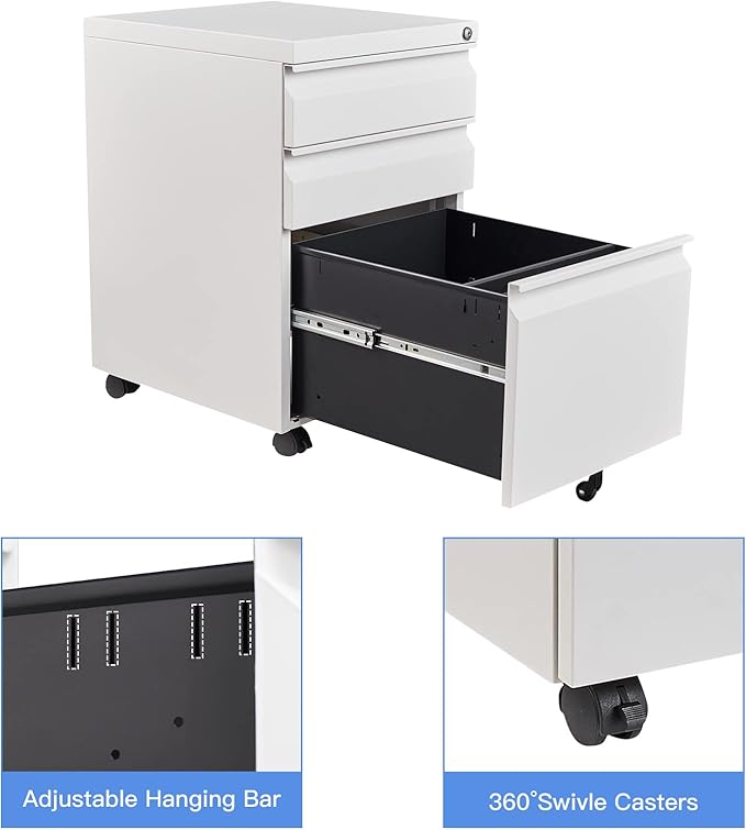Yizosh 3 Drawer Mobile File Cabinet with Lock, White Under Desk Rolling Filing Cabinet, Metal Locking File Cabinet on Wheels for Legal/Letter/A4 File (Required Assemble)