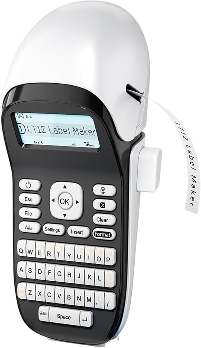 Label Printer, LT12 Label Maker Portable Inkless Printer Bluetooth Handheld Sticker for Office Home QWERTY Keyboard One-Touch Key(White Printer)