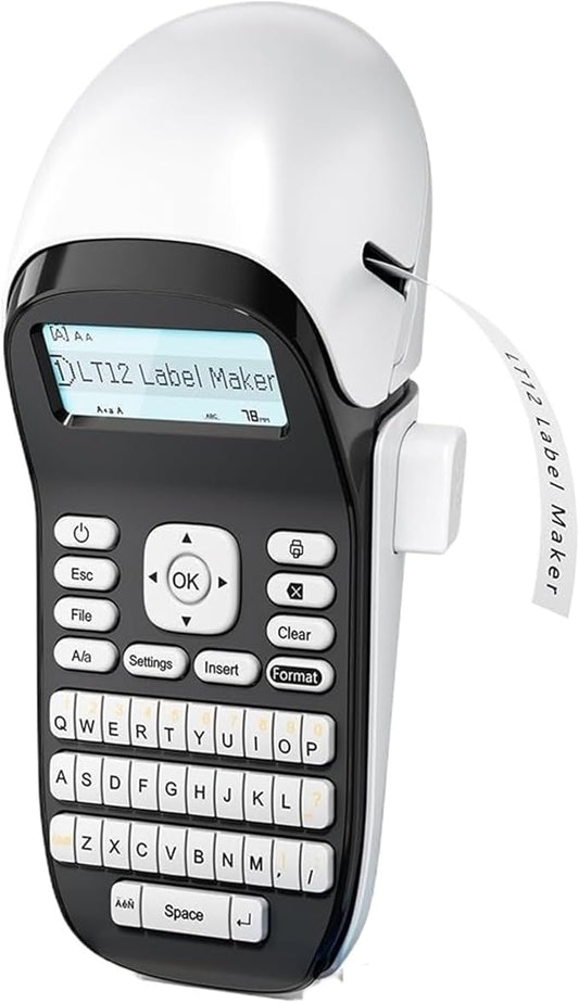 Label Printer, LT12 Label Maker Portable Inkless Printer Bluetooth Handheld Sticker for Office Home QWERTY Keyboard One-Touch Key(White Printer)