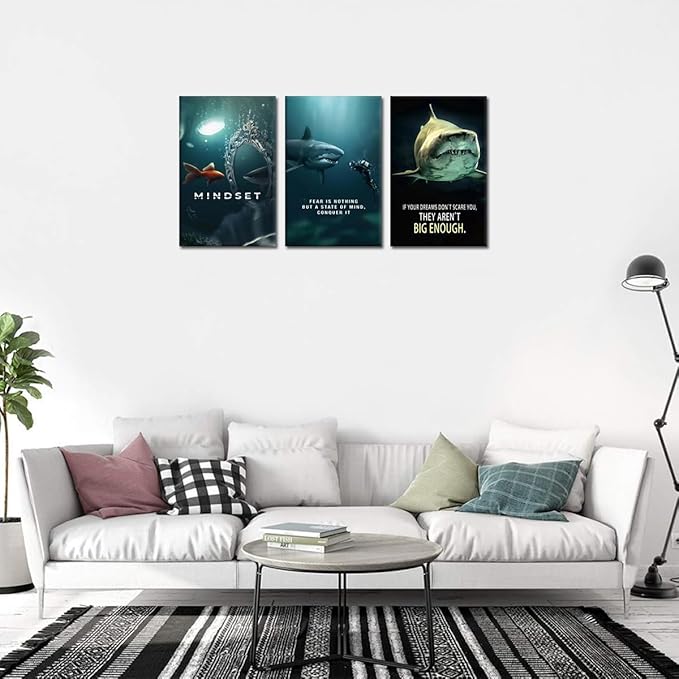 Inspirational Quotes Wall Art - Modern Shark Canvas Print Framed Mindset Posters Motivational Wall Decor for Office Gym Living Room Home (24 x 36 in x 3 Set)