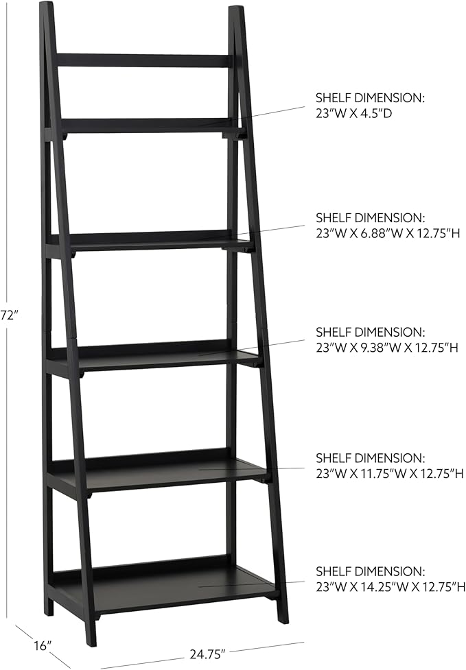Linon Melissa Black Wooden Five Shelf Ladder Bookcase