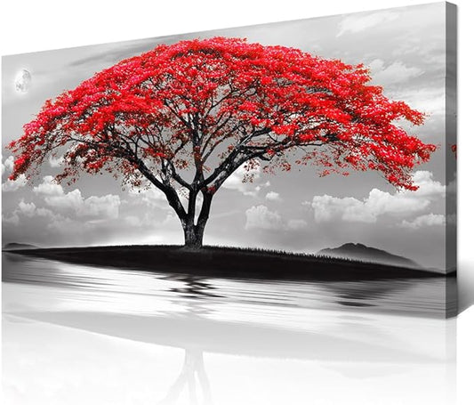 Wapluam Canvas Prints Wall Art For Living Room Bedroom Large Wall Decor Red Tree Landscape Painting Black And White Pictures To Hang Modern Home Decorations For Office Stretched And Framed Artworks
