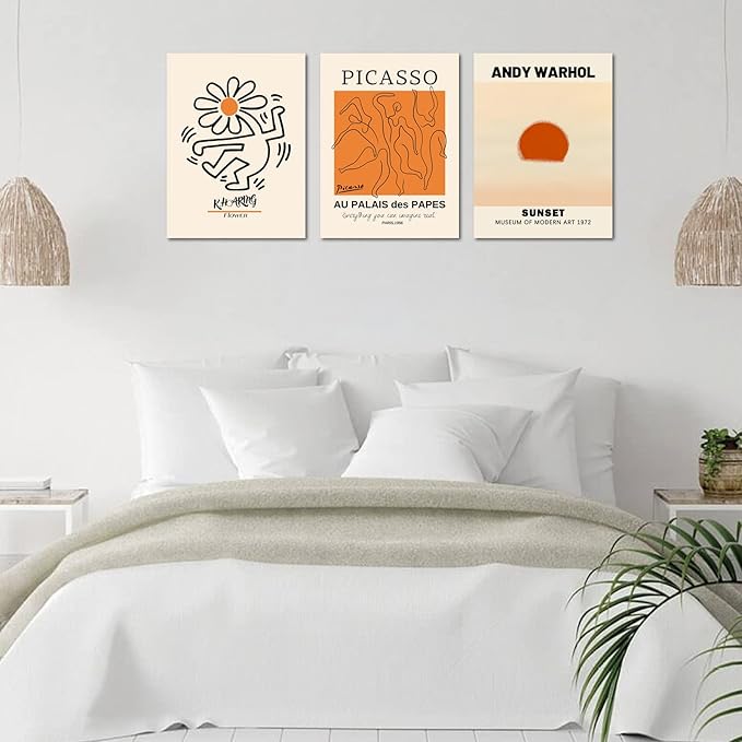 Abstract Wall Art Prints Set of 3, Framed Canvas Wall Art Geometric Line Sunset Artwork Paintings, Minimalist Wall Art for Living Room, Modern Wall Art Decor for Bathroom, Bedroom, Hotel, Office