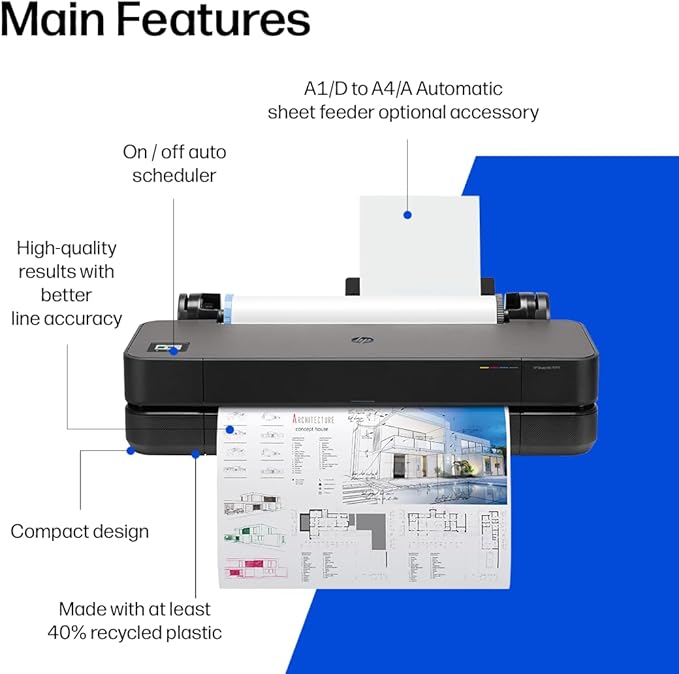 HP DesignJet T210 Large Format 24-Inch Plotter Printer for Easy CAD & Poster Prints (8AG32T), Includes 2-Year Warranty & Support
