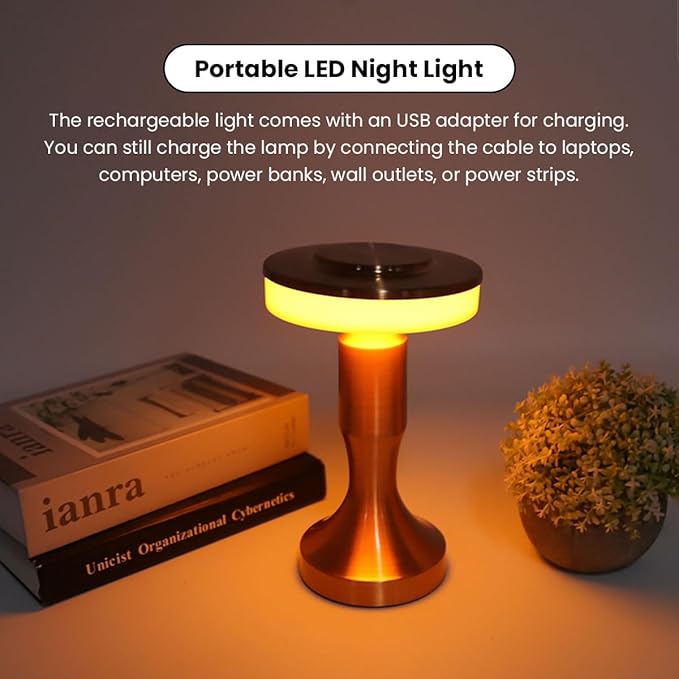 3W LED Table Lamp, 3 Color Temperatures Dimmable Rechargeable Cordless Desk Lamp, Portable Bedside Lamp with Touch Sensor for Dining Room (Copper), Locadence7ty1eqdfx0-13