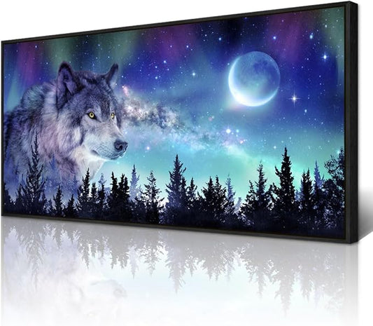 Wapluam Black Framed Canvas Wall Art For Living Room Family Wall Decor For Bedroom Wall Decorations For Office Abstract Aurora Scenery Paintings Wolf Wall Pictures Artwork Room Home Decor 20" X 40"
