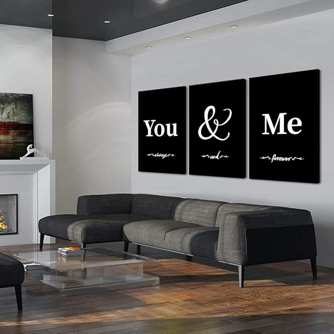 Set of 3 Large Wall Art for Bedroom, Black White You and Me Canvas Wall Decor Love Style Picture Simple Words Poster Modern Painting Artwork Framed Print for Living Room Home, 24" x 36" x 3Pcs