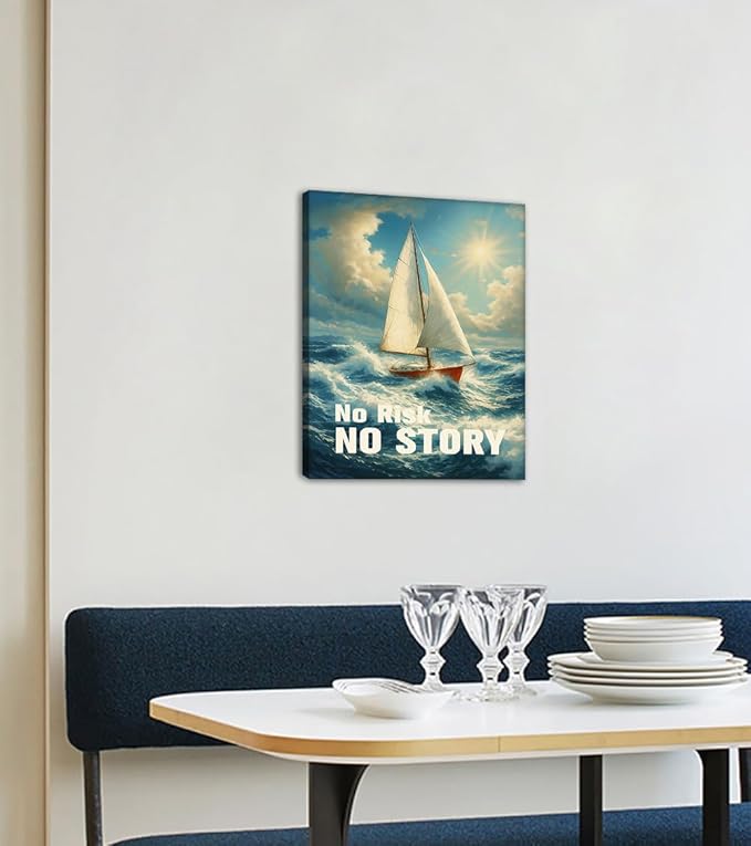 Exploration Motivation Wall Art - No Risk No Story Sailboat Canvas Print, Uplifting Nautical Picture Inspirational Quote Wall Decor, Adventure Artwork for Office Living Room Home, Framed 18"x24"