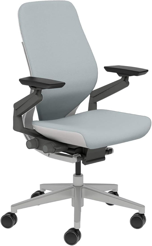 Steelcase Gesture Task Chair: Wrapped Back - Platinum Metallic Frame/Base/Seagull Accent - Roll Control Hard Floor Casters