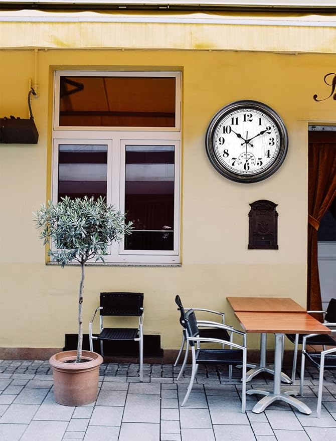 45MinST 12 Inch Indoor/Outdoor Retro Round Waterproof Wall Clock with Thermometer, Silent Non Ticking Battery Operated Quality Quartz Wall Clock Home/Patio Decor(Black Gold)