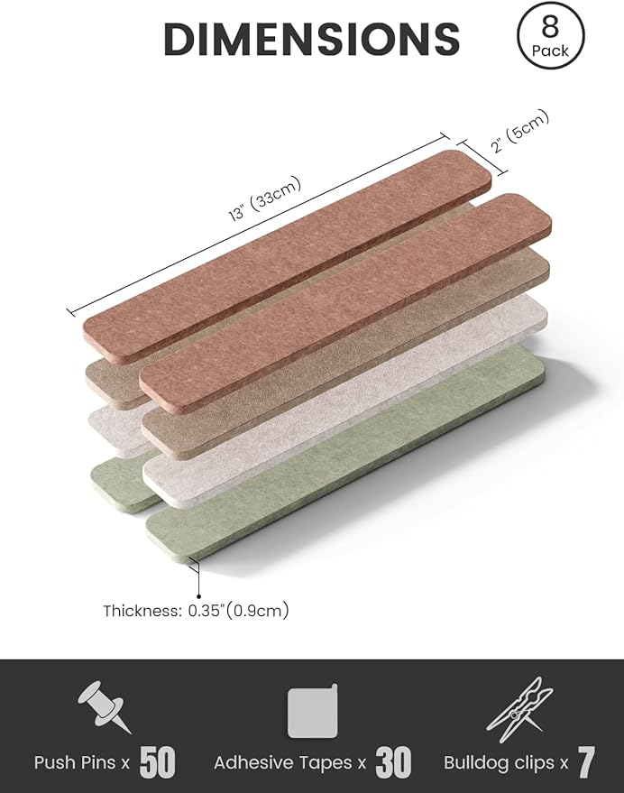 Fluxynara Cork Board Alternative Felt Strip Board 8-Pack 13"x2", Office Pin Board with 50 Push Pins, Adhesive Install for Bedroom Door & Home Office(Boho)