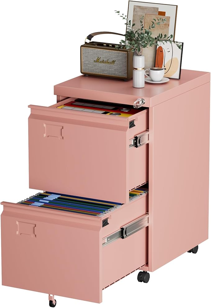 Aobabo 2 Drawer Filing Cabinet with Wheels, Lockable Metal File Cabinet with Business Card Slot for Legal/Letter Size Home Office, Required Assembled,Pink
