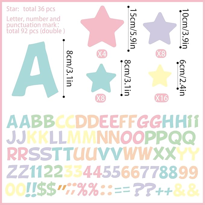 Containlol 188 Pcs Bulletin Board Borders Letters Stars Cutouts Set Include 59ft Poster Board Trims, Alphabet Letter Star Number Punctuation for Classroom(Pastel Color)