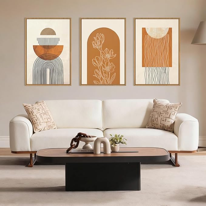ANHUIB Large Boho Canvas Wall Art,Abstract Geometric Framed Wall Decor,Mid Century Modern Artwork,3 Piece 24x36In Beige Orange Painting for Living Room Bedroom,Office
