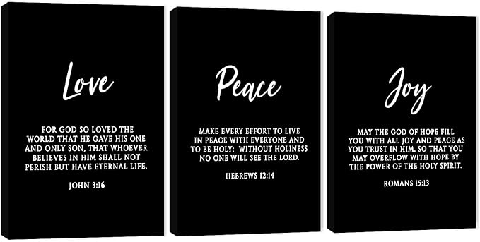 3 Piece Inspirational Wall Art, Black Sayings Prints Picture, Quotes "Love Peace Joy" Motivational Canvas Art for Religious Decor Gifts, Stretched And Framed Artwork for Home Wall Decor (36"Wx24" H)