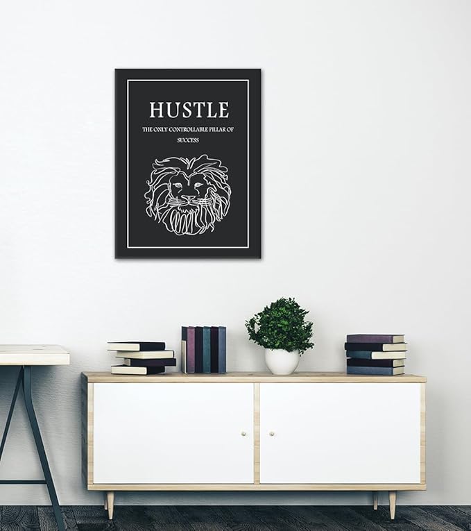 Hustle Canvs Wall Art - Motivational Quotes Print with Lion Line Drawing, Inspirational Wall Decor Black and White Success Poster Positive Inspiring Artwork for Home Office Gym, Framed 18x24 in