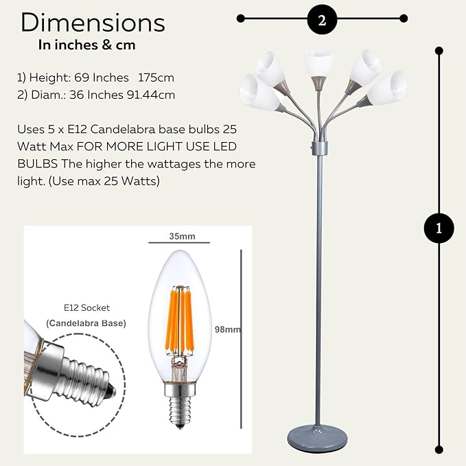 LIGHTACCENTS Medusa 5-Light Floor Lamp – Silver Multi-Head Standing Lamp w/ 5 Adjustable White Acrylic Shades for Bedroom, Living Room, Office