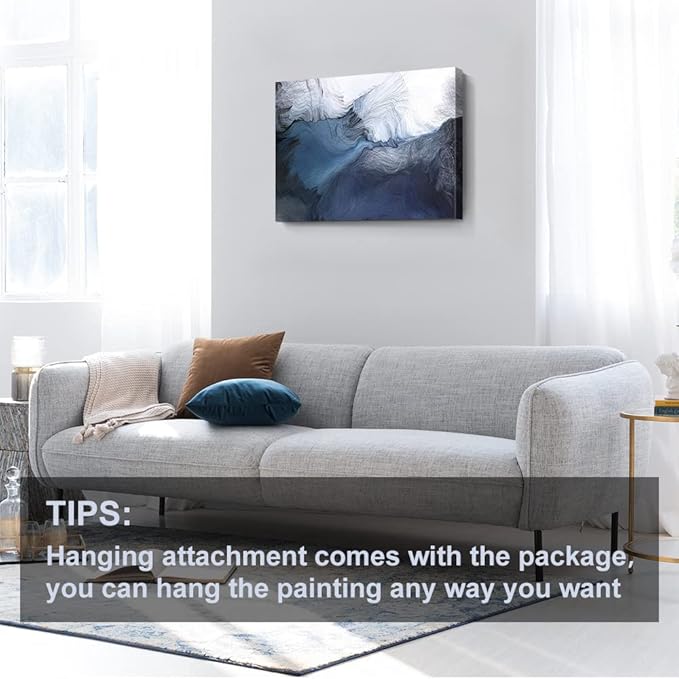 Canvas Wall Art Abstract Art Paintings Navy Blue Block and Line Graffiti is Like Running Water on White Background Modern Artwork Decor for Living Room Bedroom Kitchen 30x20in