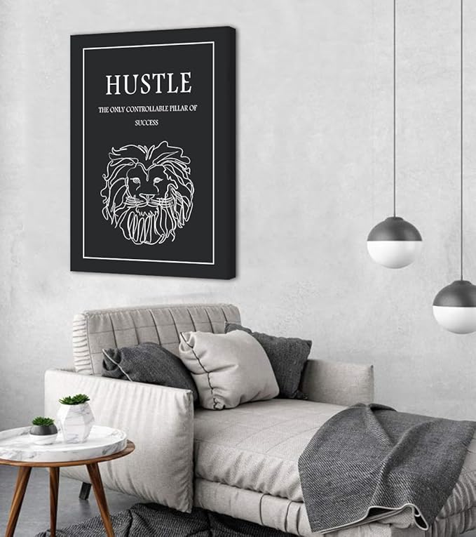 Hustle Wall Art - Motivational Lion Canvas Print, The Only Controllable Pillar of Success Inspirational Office Wall Decor, Modern Black and White Painting for Home Gym Living Room, Framed 24"x36"