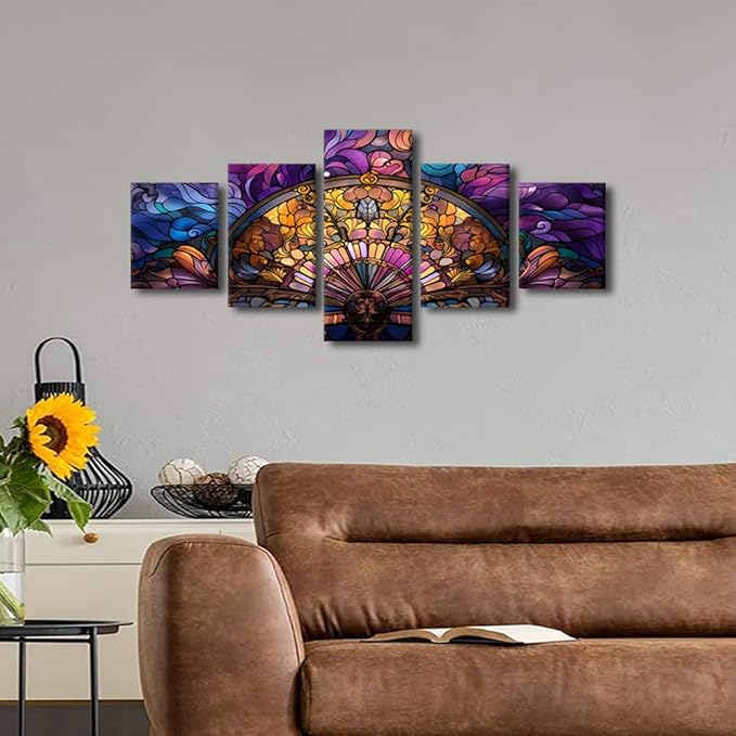 Canvas Wall Art for Bedroom Modern Native Americans Abstract Canvas Wall Decor Stained Glass Style Colorful Poster 5 Panel Fan Canvas Art for Room Decor Stretched and Framed Ready to Hang 50x24 in
