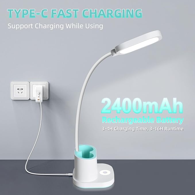 LED Desk Lamp for Home Office Bedroom, 3 Color Modes Dimmable Reading Light with USB Charging Port, Rechargeable Study Lamp for Kids Student with Pen Holder, Table Light 360°Adjustable Arm