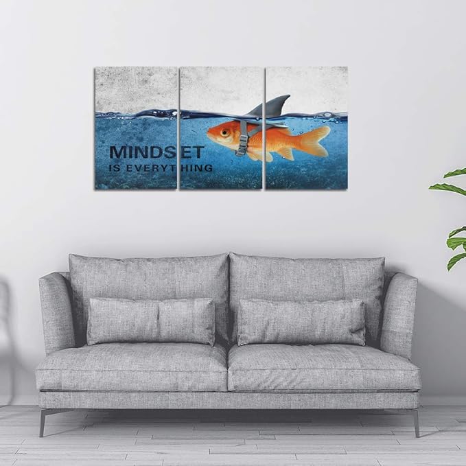 Inspirational Canvas Wall Art Blue Goldfish Pictures Posters Painting on Canvas Abstract Shark Motivational Entrepreneur Quotes Office Decor Artwork Bedroom Framed Ready to Hang - 60"W x 28"H