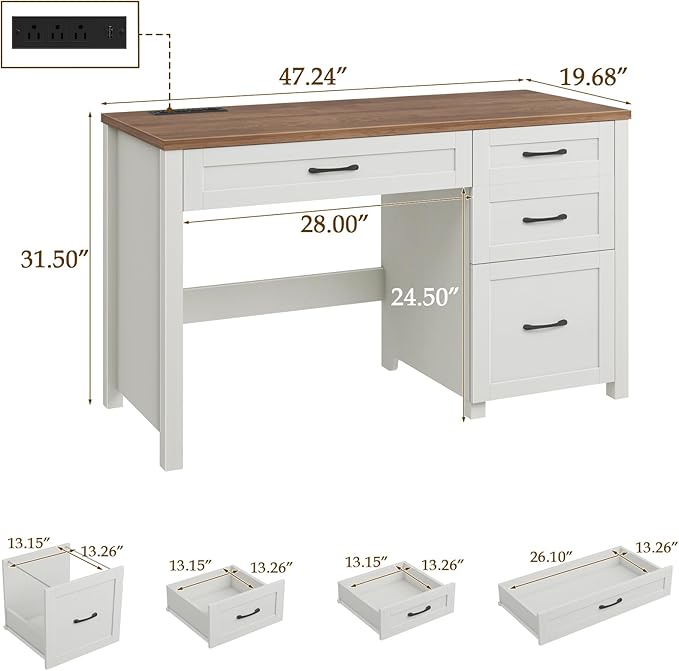 Farmhouse 47" Executive Desk, Computer Desk with File Drawer and Charging Station, Workstation for Study, Home Office, Unique White.