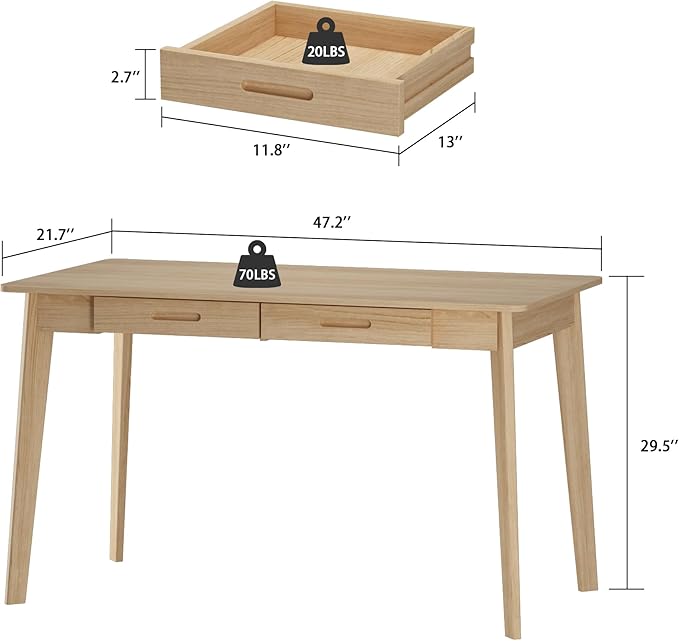 Home Office Computer Desk Coner Desk with 2 Drawers, Study Writing Table for Home Office, Study, Wood Color (47.2 ”W x 23.6”D x 29.1”H)