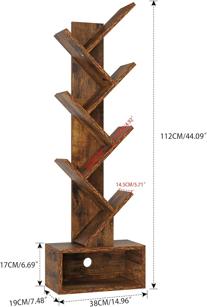 YMYNY 6 Tier Tree Bookshelf, Tall Bookcase, Wood Book Storage Rack with Drawer, Modern Floor Standing Book Shelf for Books/Movies/CDs, Utility Organizer for Living Room, Office, Rustic Brown UHBC016H