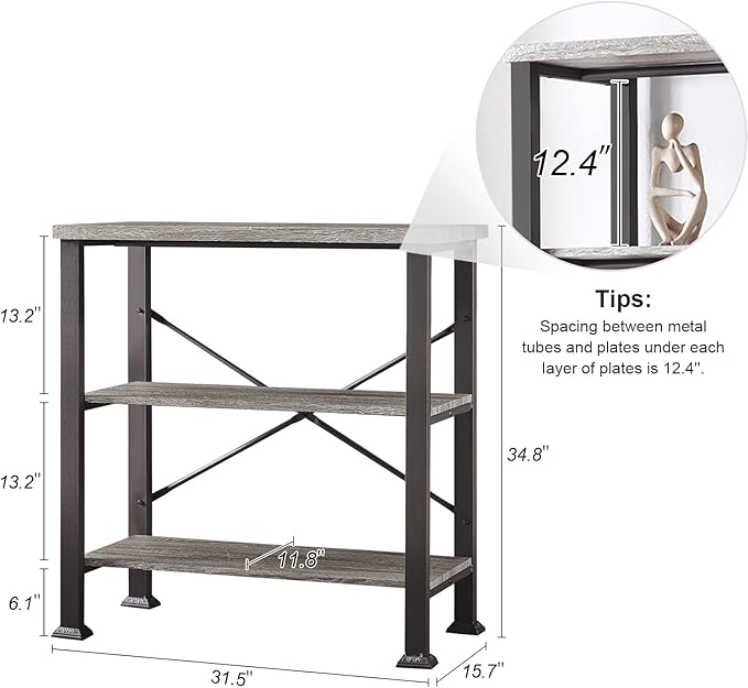 HOMBAZAAR 3 Tier Bookshelf,Grey Industrial Book Shelf,Engineered Wood and Metal Small Bookshelves,Low Shelf Bookcase for Living Room,Office,Bedroom and Kitchen