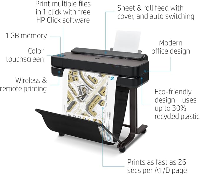 HP DesignJet T650 Large Format 24-inch Plotter Printer, Includes 2-Year Onsite Warranty Support (5HB08T) - New Model