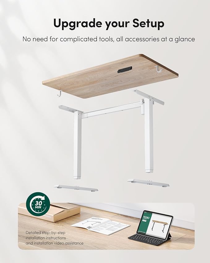 CubiCubi 40 x 24 Small One-Piece Standing Desk, Adjustable Height Electric Computer Sit Stand up Home Office Workstation, with 4 Memory Presets, Headphone Hook, Maple