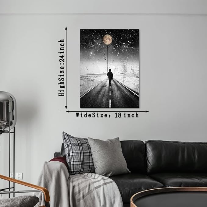 Yatsen Bridge The Road Inspirational Canvas Wall Art, Boy Walking in the Moonlight Canvas Picture Art Print, Modern House Wall Decorations Stretched and Framed Ready to Hang - 18x24 inches