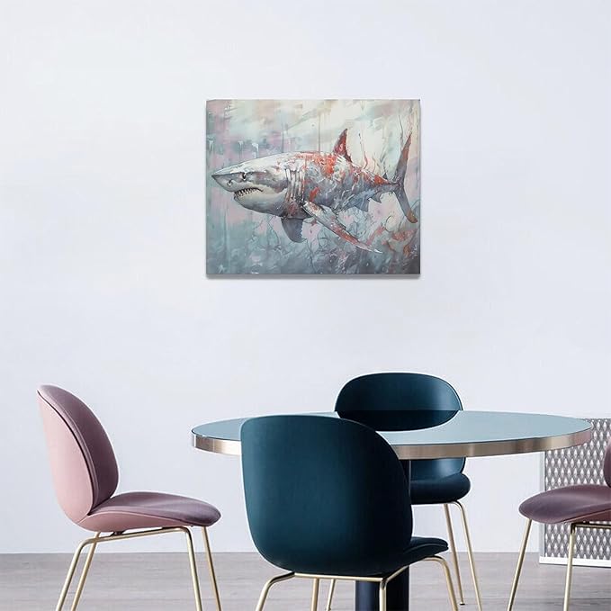yerretin Ocean Shark Wall Art Nautical Shark Pictures Wall Decor Beach Coastal Undersea Canvas Painting Modern Artwork Home Decorations for Bathroom Bedroom Living Room Office Framed 20"x16"