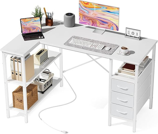 DUMOS L Shaped Desk with Shelf Drawers 47 Inch, White Corner Computer Desks Gaming with Power Outlet, Study Table with Adjustable Shelves, Home Office Tables for Bedroom Teacher Reading Writing
