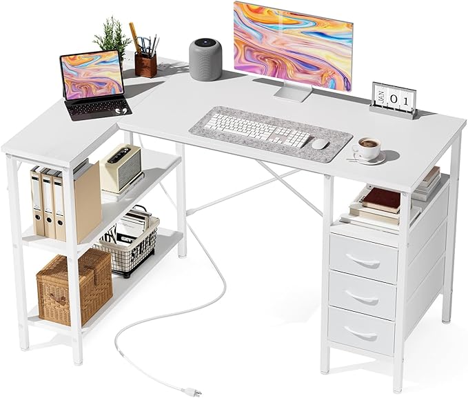 Simple Deluxe L Shaped Gaming Desk with Power Outlets, 47 Inch Computer Desk with 3 Drawers, Shelves, Corner Computer Desk for Gaming, Corner Work, Home Office, Study, White