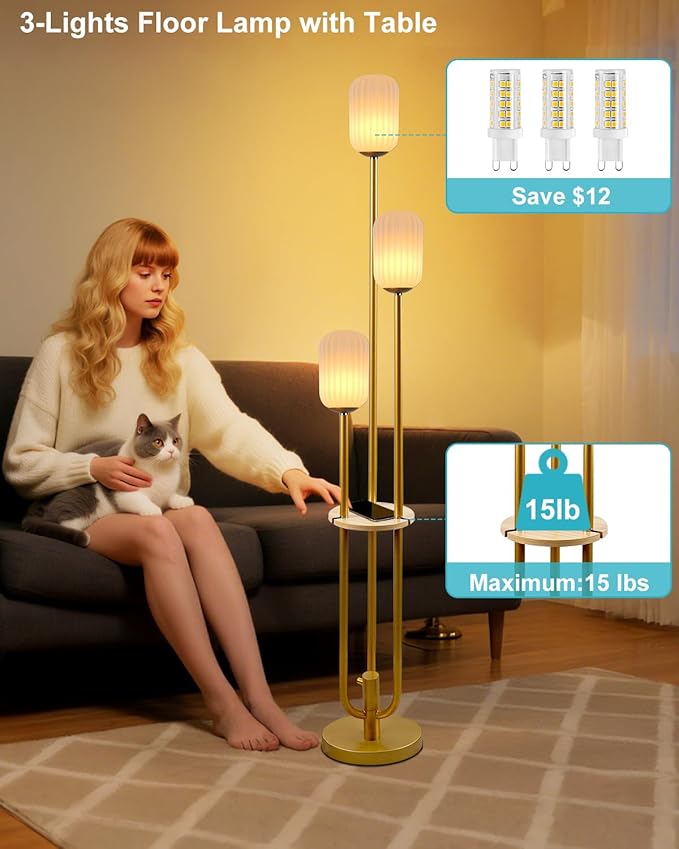 Gold Dimmable Floor Lamp with Table, Modern Floor Lamps with Oval Striped Lampshade 3000K Soft Warm White 3-Lights Candle Holder Style Tall Lamp for Living Room/Bedroom