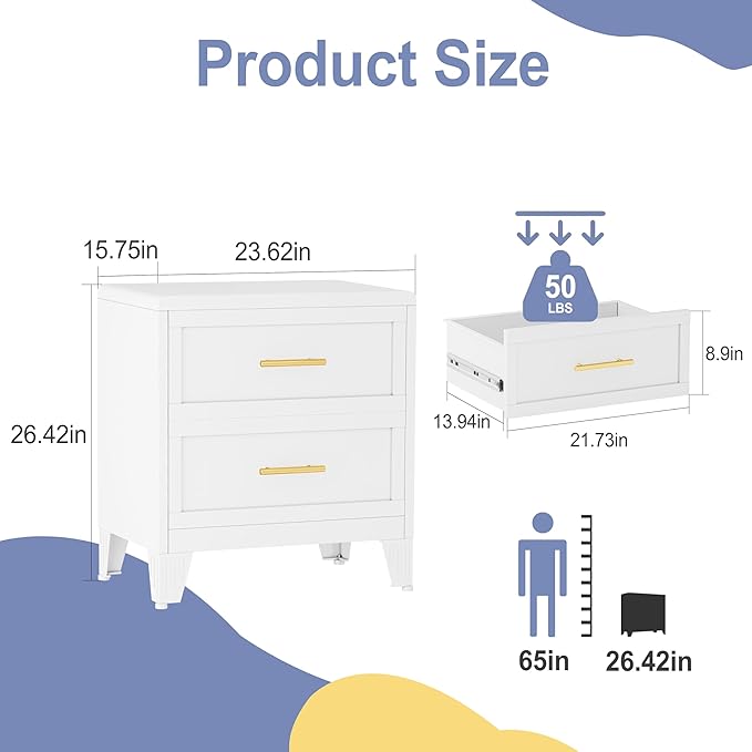 26.42" Tall Dresser for Bedroom 2 Drawers, Metal Dresser Chest of Drawers, Metal NightStand, Circular Drawer Cabinet for Home,Filing Cabinet with Drawers for Office (White)