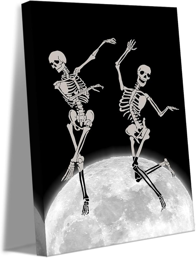 Skeleton Moon Dance Canvas Wall Art, Dark Gothic Home Decoration Funny Skull Dancing on Moon Print, Black & White Wall Decor for Living Room, Bedroom, Bathroom,Office, Framed 24x36 inch