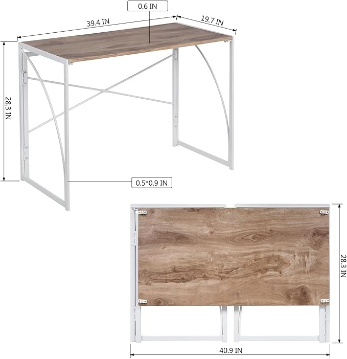 Homy Casa 39.4 Inch Foldable Laptop Desk, Space-Saving Computer Table with No Assembly Required, Sturdy Metal Frame, Minimalist Design for Home Office, Study, or Small Spaces, Oak & White