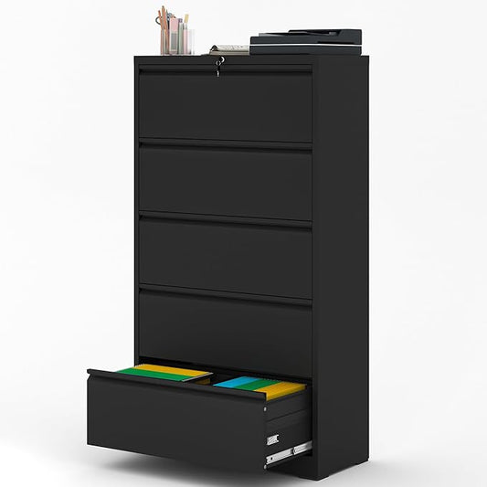 File Cabinet with Lock, 5 Drawer Lateral Filing Cabinet for Home Office, Metal Heavy Duty File Cabinets for Hanging Letter/Legal/F4/A4 Size Files, Assembly Required (Black)
